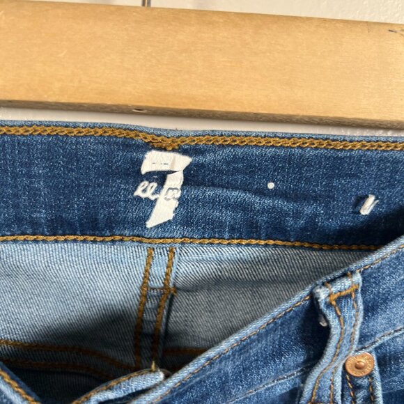 7FAMK Dojo Jeans Size 28 Frayed Hem Flared Retro Blue Denim Embroidered Pockets - Picture 3 of 11